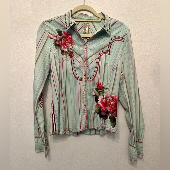 Johnny Was Tops - Johnny Was 3J Workshop Aqua Western Embroidered Shirt